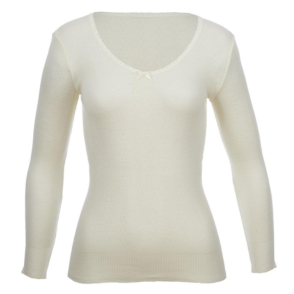 Thermo Fleece® – Long Sleeve Lace V Neck – 100% Merino Wool – White